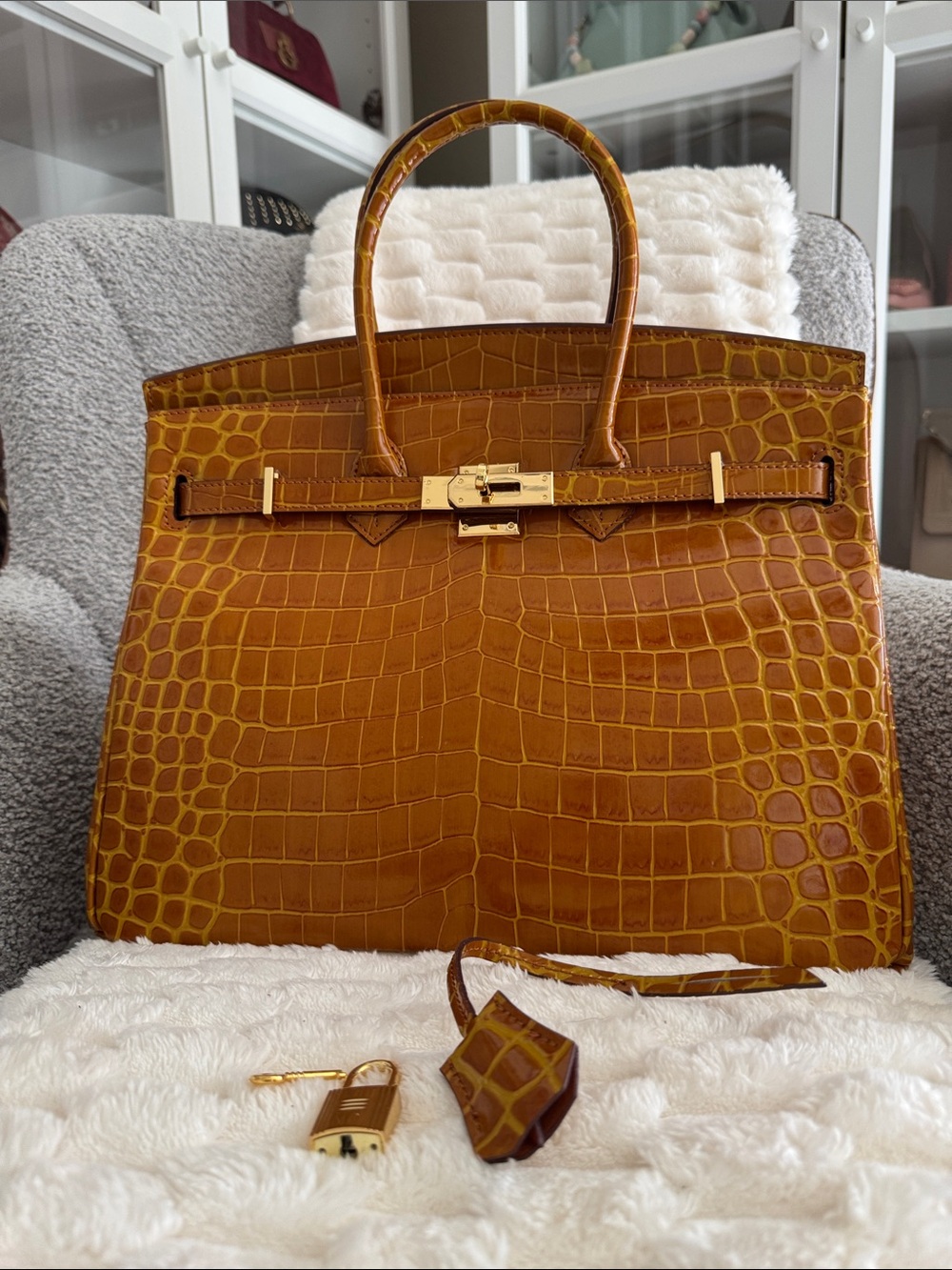 Croc-Embossed Top-Handle Tote in Cognac 35 cm